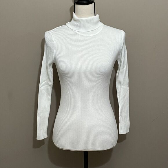 Shein Ivory Ribbed Lightweight Turtleneck Long Sleeve Bodycon Sweater Size S - Picture 2 of 7